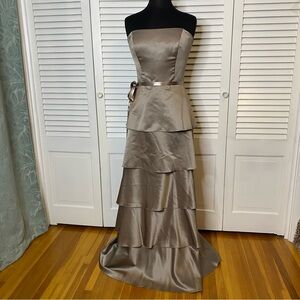 Elegant Strapless Tiered Mocha Evening Gown | Size 10